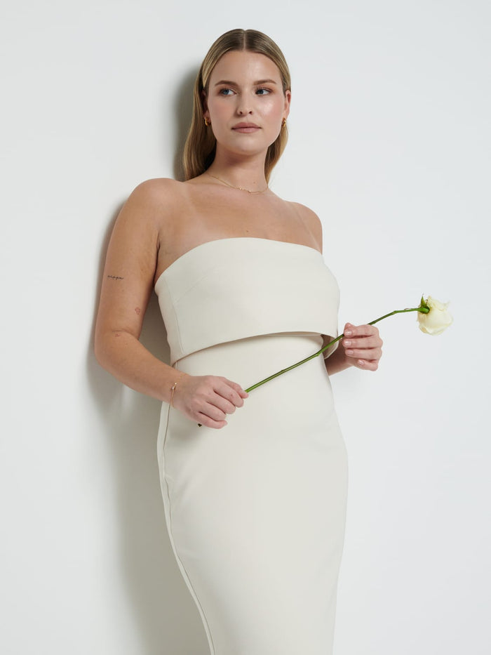 Theo Is 5'8.5" & Wears Size UK 12|Julia Crepe Maxi Bridesmaid Dress - Champagne