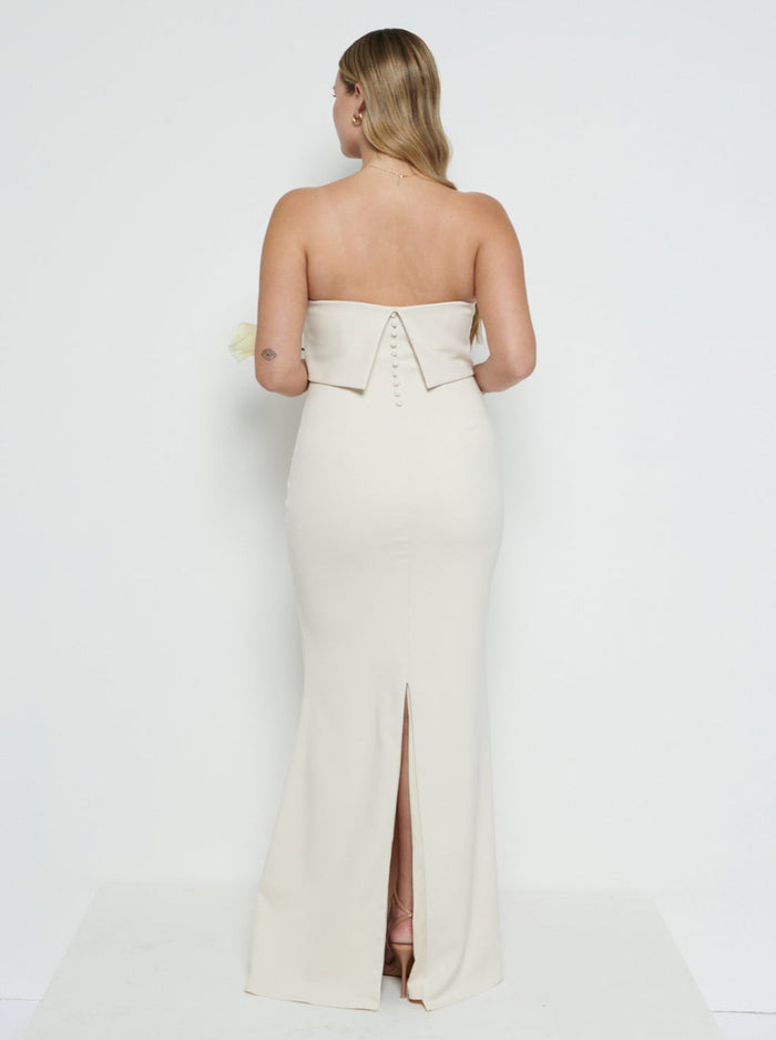 Theo Is 5'8.5" & Wears Size UK 12|Julia Crepe Maxi Bridesmaid Dress - Champagne
