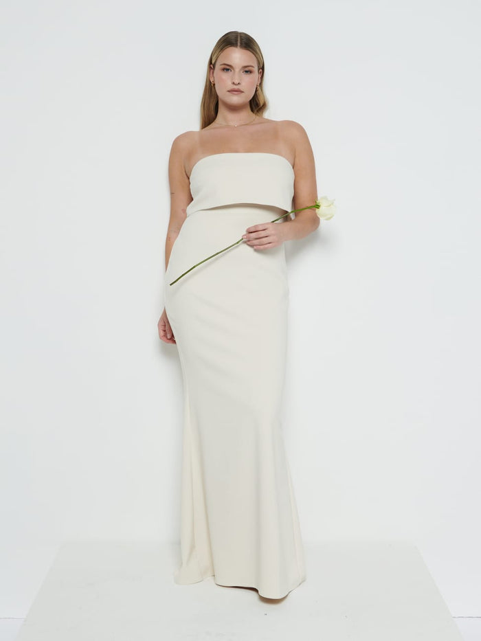 Theo Is 5'8.5" & Wears Size UK 12|Julia Crepe Maxi Bridesmaid Dress - Champagne