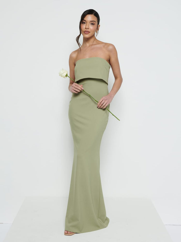 Marina Is 5'7.5" & Wears Size UK 8|Julia Strapless Crepe Maxi Bridesmaid Dress - Olive