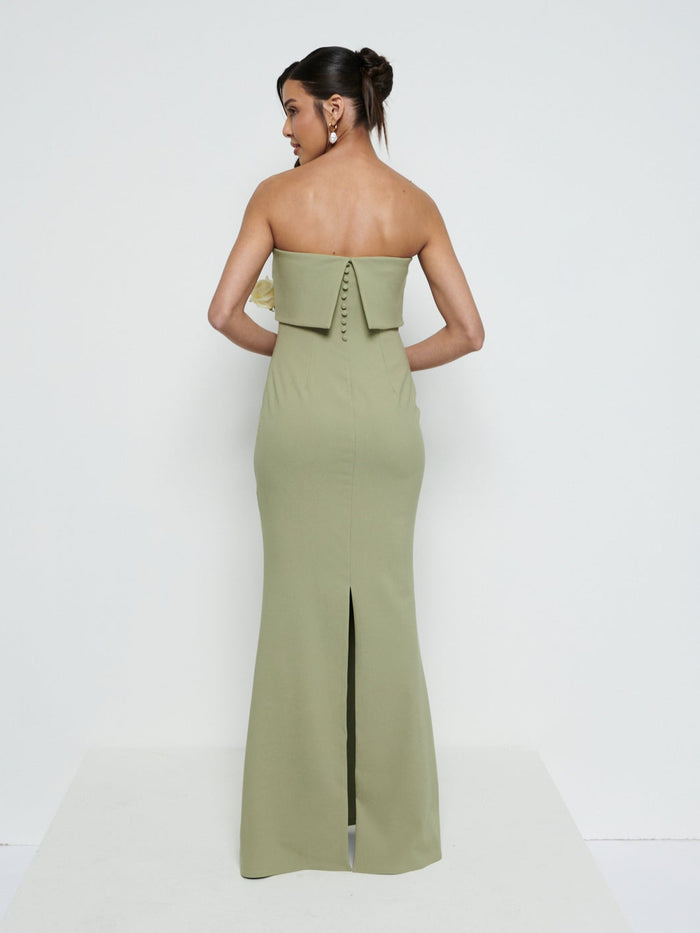 Marina Is 5'7.5" & Wears Size UK 8|Julia Strapless Crepe Maxi Bridesmaid Dress - Olive