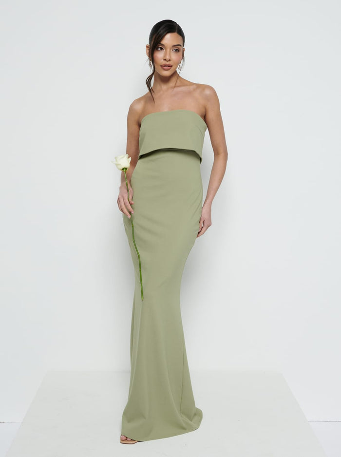 Marina Is 5'7.5" & Wears Size UK 8|Julia Strapless Crepe Maxi Bridesmaid Dress - Olive