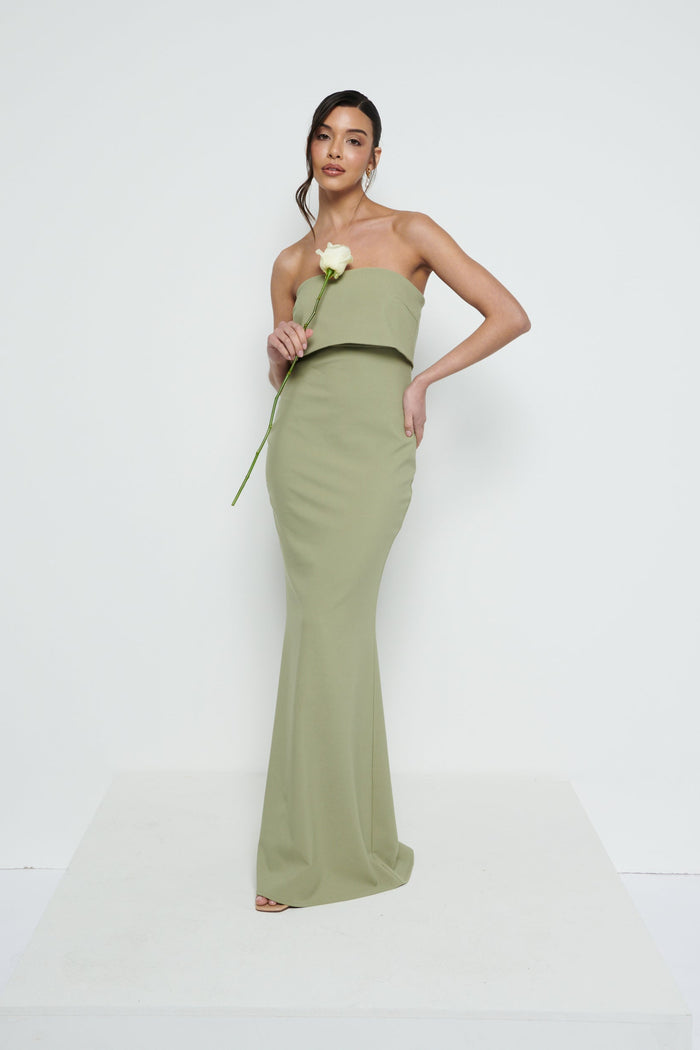 Marina Is 5'7.5" & Wears Size UK 8|Julia Strapless Crepe Maxi Bridesmaid Dress - Olive