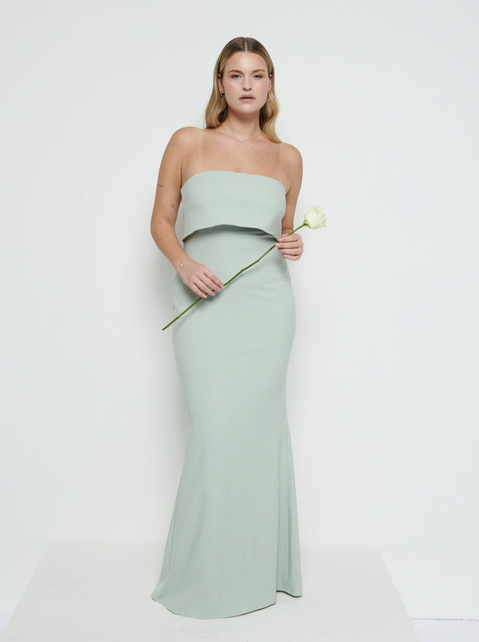 Theo Is 5'8.5" & Wears Size UK 12|Julia Crepe Maxi Bridesmaid Dress - Sage