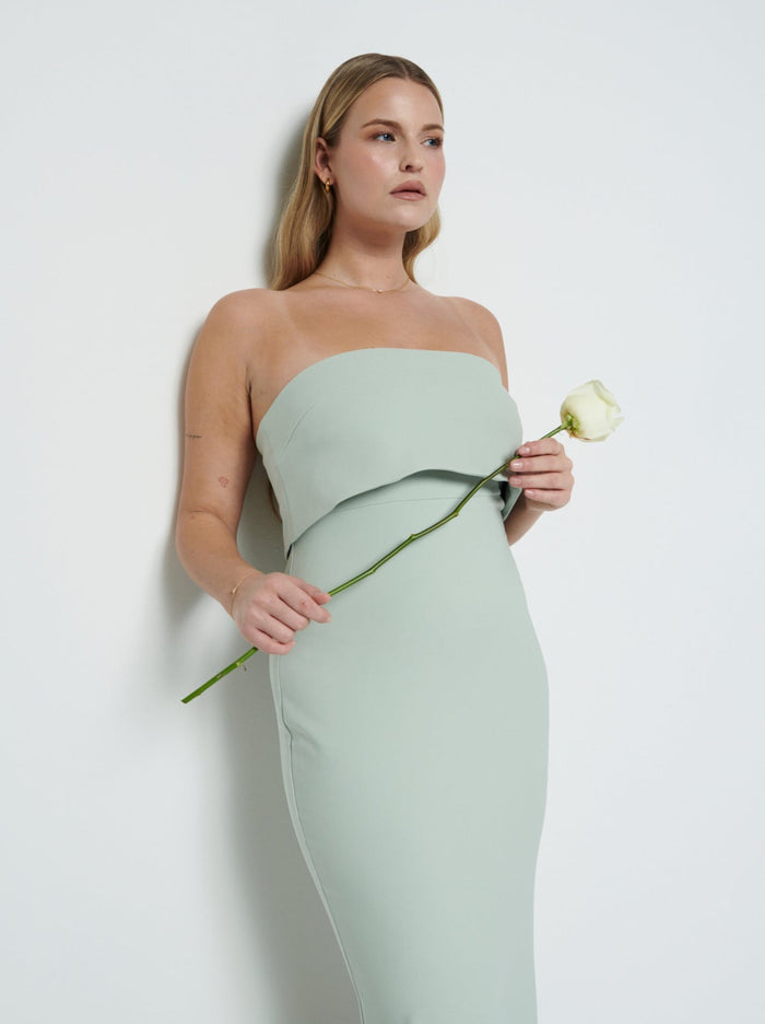 Theo Is 5'8.5" & Wears Size UK 12|Julia Crepe Maxi Bridesmaid Dress - Sage