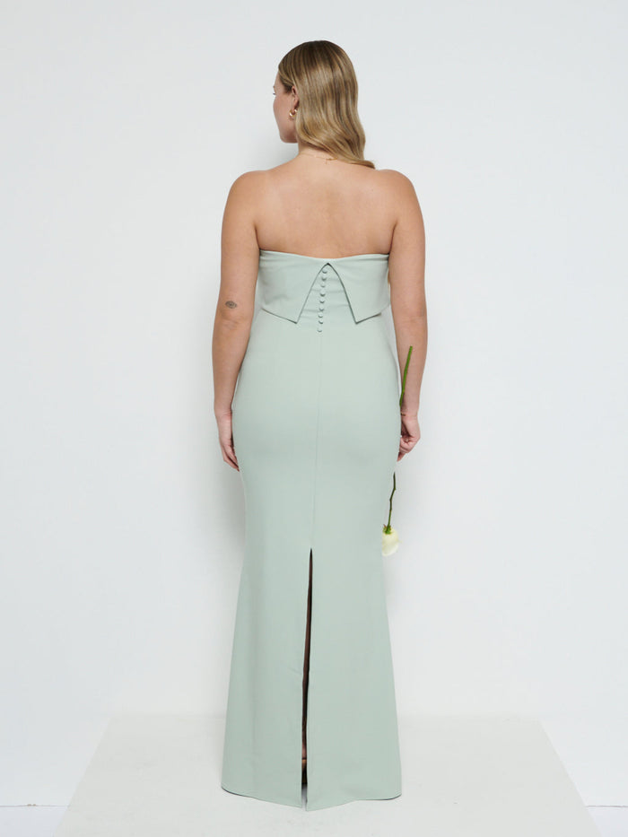 Theo Is 5'8.5" & Wears Size UK 12|Julia Crepe Maxi Bridesmaid Dress - Sage