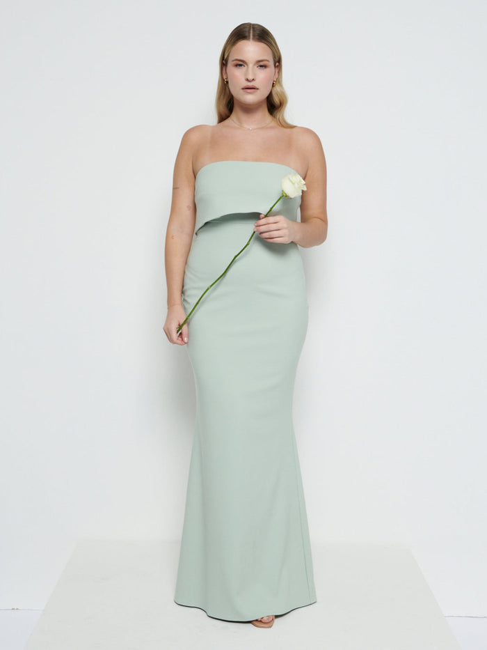 Theo Is 5'8.5" & Wears Size UK 12|Julia Crepe Maxi Bridesmaid Dress - Sage