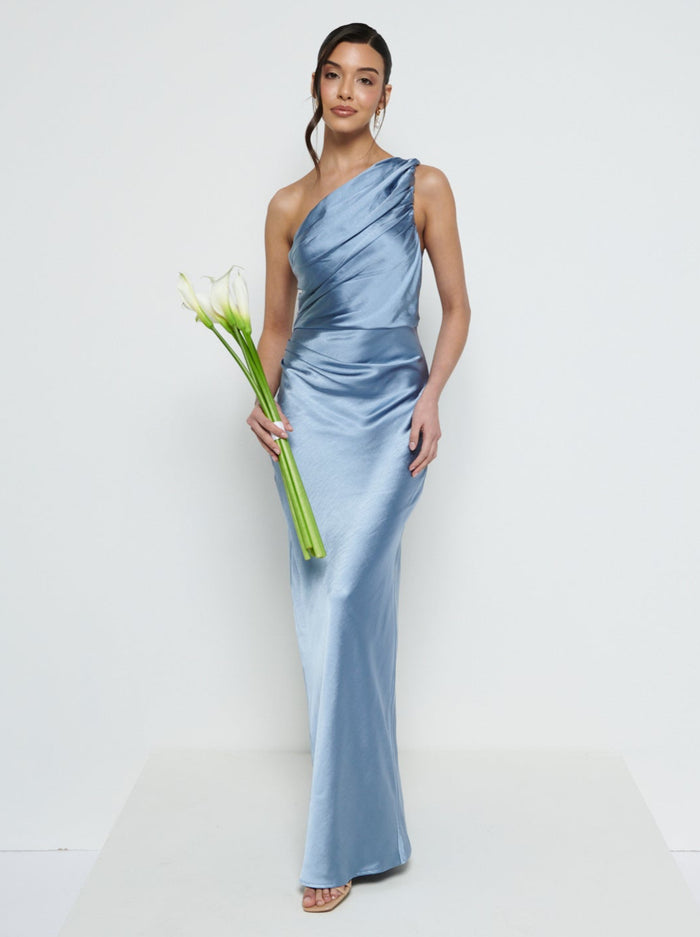 Marina Is 5'7.5" & Wears Size UK 8|Juliet Ruched Maxi Bridesmaid Dress - Dusty Blue