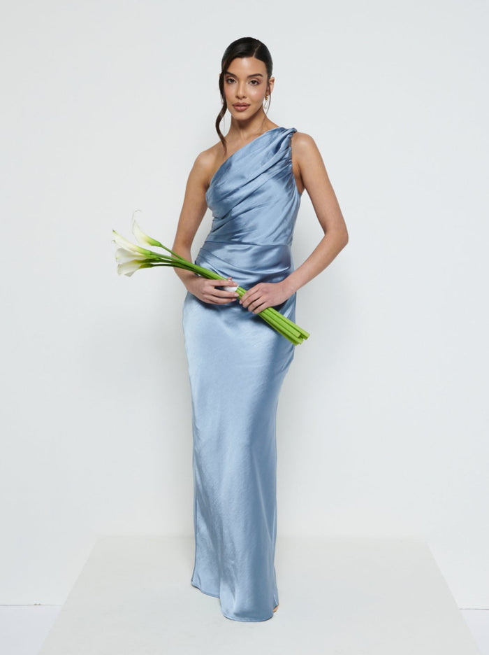 Marina Is 5'7.5" & Wears Size UK 8|Juliet Ruched Maxi Bridesmaid Dress - Dusty Blue