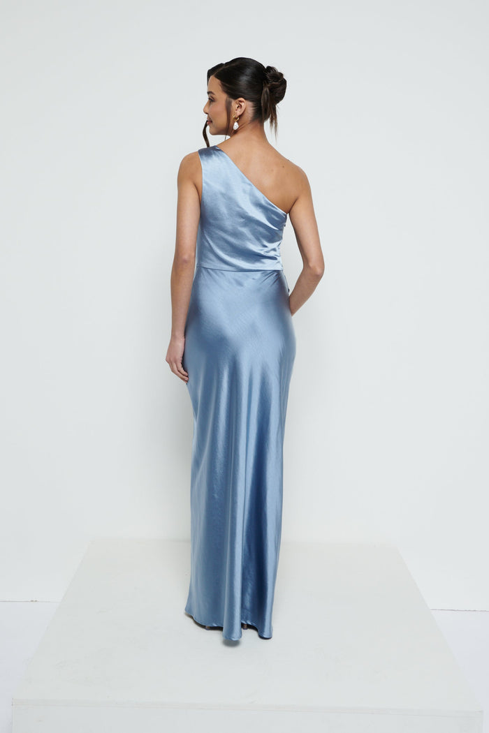 Marina Is 5'7.5" & Wears Size UK 8|Juliet Ruched Maxi Bridesmaid Dress - Dusty Blue