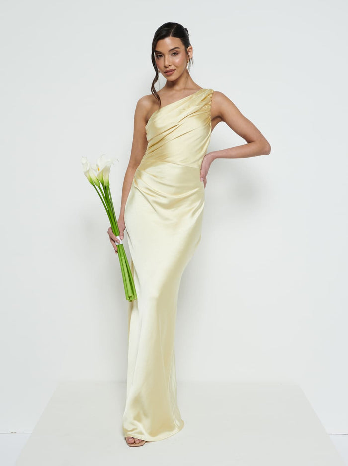 Marina Is 5'7.5" & Wears Size UK 8|Juliet Ruched Maxi Bridesmaid Dress - Lemon