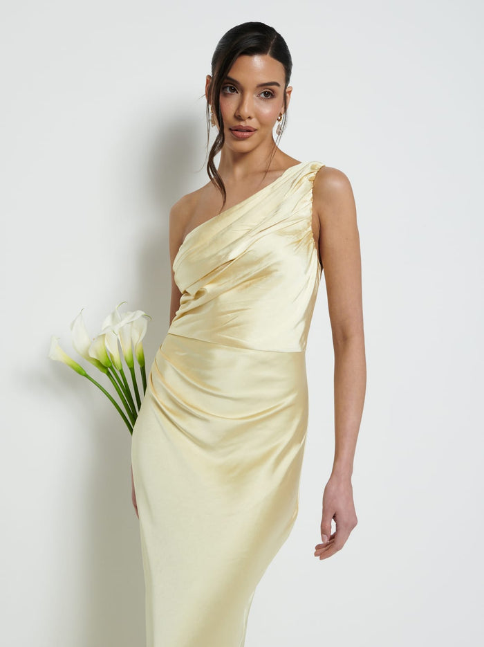 Marina Is 5'7.5" & Wears Size UK 8|Juliet Ruched Maxi Bridesmaid Dress - Lemon