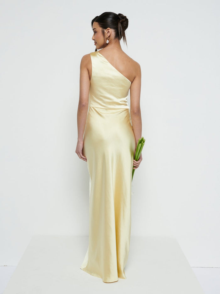 Marina Is 5'7.5" & Wears Size UK 8|Juliet Ruched Maxi Bridesmaid Dress - Lemon
