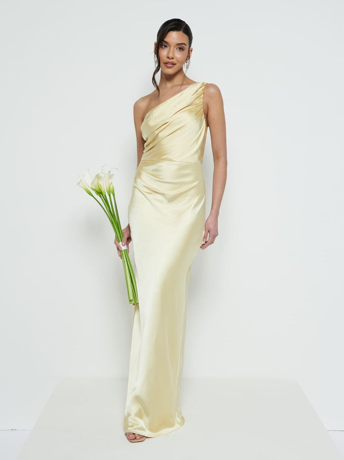 Marina Is 5'7.5" & Wears Size UK 8|Juliet Ruched Maxi Bridesmaid Dress - Lemon