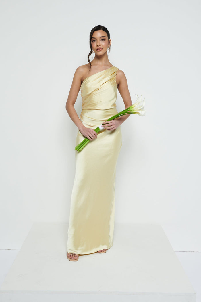 Marina Is 5'7.5" & Wears Size UK 8|Juliet Ruched Maxi Bridesmaid Dress - Lemon