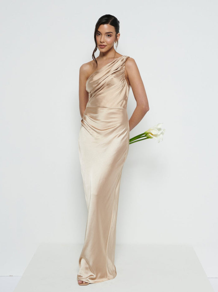 Marina Is 5'7.5" & Wears Size UK 8|Juliet Ruched Maxi Bridesmaid Dress - Matte Bronze