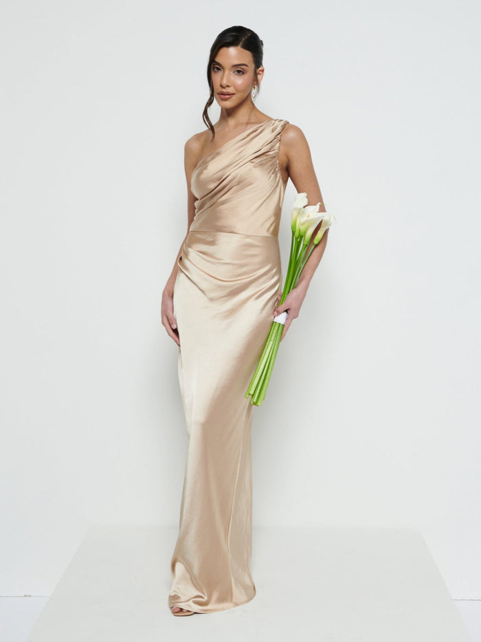 Marina Is 5'7.5" & Wears Size UK 8|Juliet Ruched Maxi Bridesmaid Dress - Matte Bronze