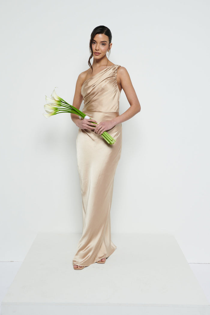 Marina Is 5'7.5" & Wears Size UK 8|Juliet Ruched Maxi Bridesmaid Dress - Matte Bronze