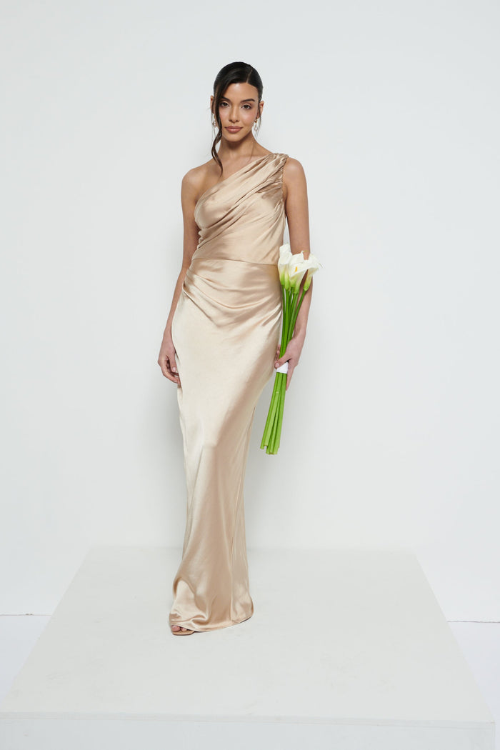 Marina Is 5'7.5" & Wears Size UK 8|Juliet Ruched Maxi Bridesmaid Dress - Matte Bronze