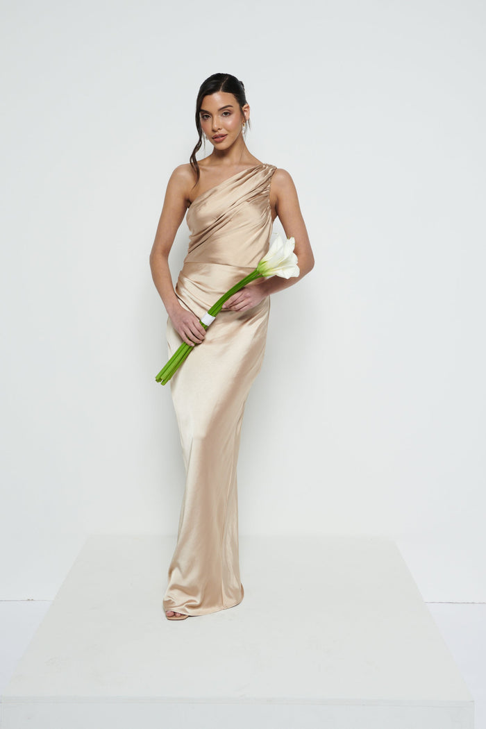 Marina Is 5'7.5" & Wears Size UK 8|Juliet Ruched Maxi Bridesmaid Dress - Matte Bronze