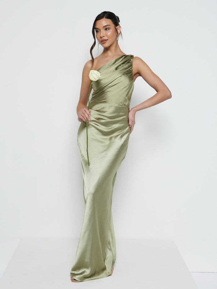 Marina Is 5'7.5" & Wears Size UK 8|Juliet Ruched Maxi Bridesmaid Dress - Matte Olive