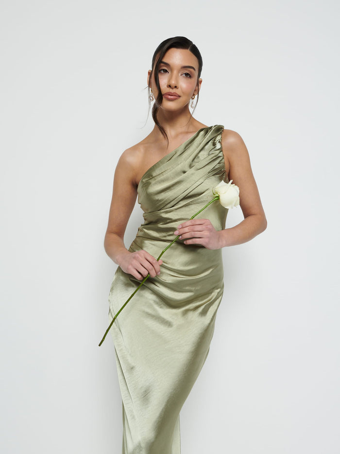 Marina Is 5'7.5" & Wears Size UK 8|Juliet Ruched Maxi Bridesmaid Dress - Matte Olive