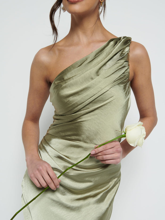 Marina Is 5'7.5" & Wears Size UK 8|Juliet Ruched Maxi Bridesmaid Dress - Matte Olive