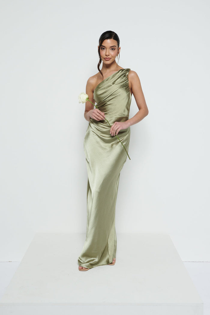Marina Is 5'7.5" & Wears Size UK 8|Juliet Ruched Maxi Bridesmaid Dress - Matte Olive