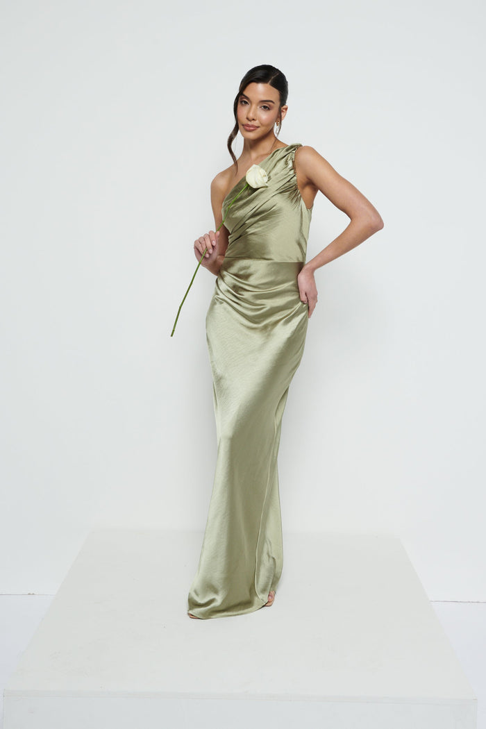 Marina Is 5'7.5" & Wears Size UK 8|Juliet Ruched Maxi Bridesmaid Dress - Matte Olive