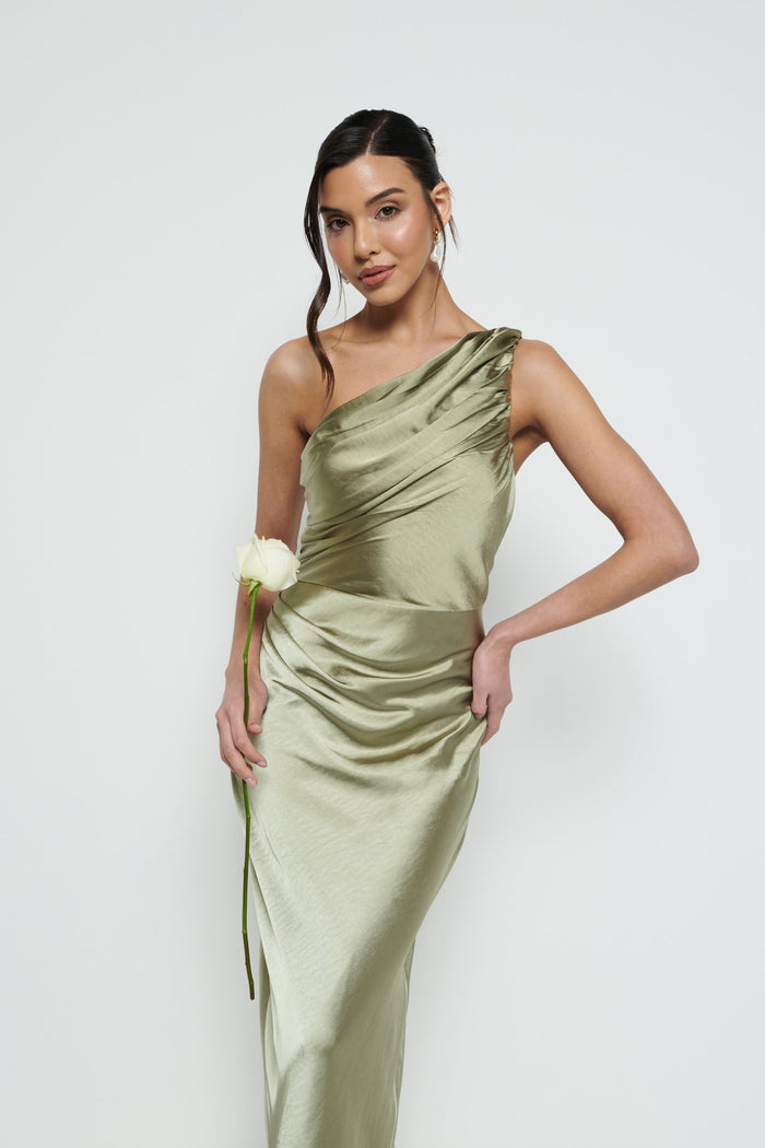 Marina Is 5'7.5" & Wears Size UK 8|Juliet Ruched Maxi Bridesmaid Dress - Matte Olive