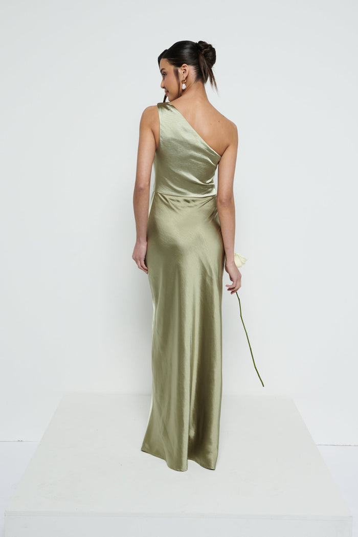 Marina Is 5'7.5" & Wears Size UK 8|Juliet Ruched Maxi Bridesmaid Dress - Matte Olive