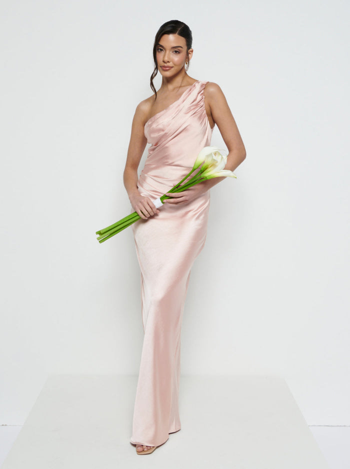 Marina Is 5'7.5" & Wears Size UK 8|Juliet Ruched Maxi Bridesmaid Dress - Matte True Blush