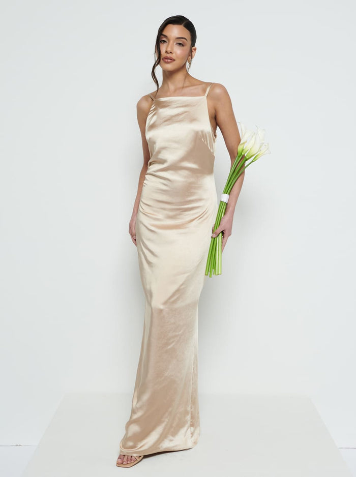 Marina Is 5'7.5" & Wears Size UK 8|June Satin Maxi Bridesmaid Dress - Bronze