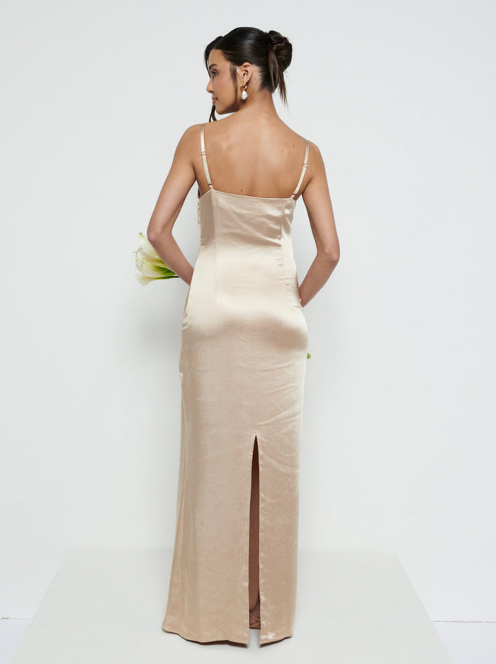 Marina Is 5'7.5" & Wears Size UK 8|June Satin Maxi Bridesmaid Dress - Bronze