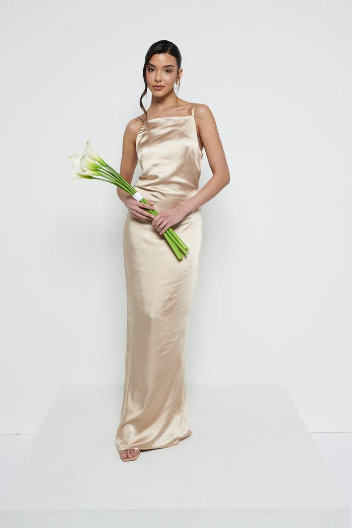 Marina Is 5'7.5" & Wears Size UK 8|June Satin Maxi Bridesmaid Dress - Bronze