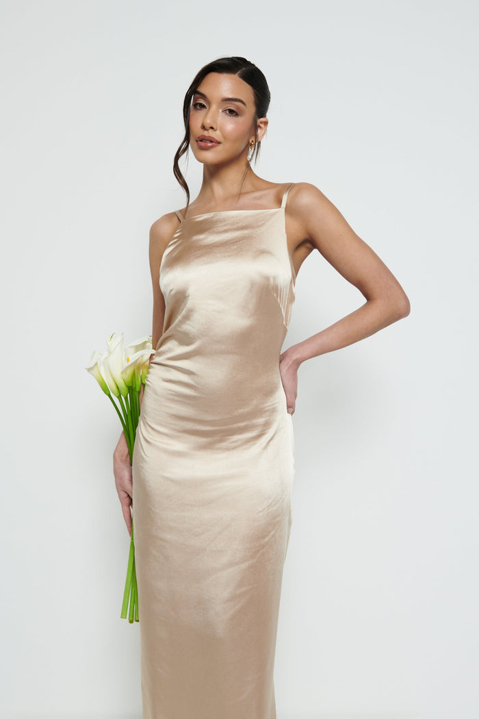 Marina Is 5'7.5" & Wears Size UK 8|June Satin Maxi Bridesmaid Dress - Bronze