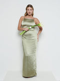 Theo Is 5'8.5" & Wears Size UK 12|June Satin Maxi Bridesmaid Dress - Olive
