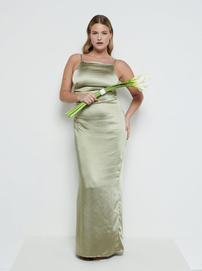 Theo Is 5'8.5" & Wears Size UK 12|June Satin Maxi Bridesmaid Dress - Olive