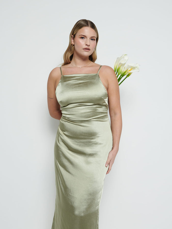 Theo Is 5'8.5" & Wears Size UK 12|June Satin Maxi Bridesmaid Dress - Olive