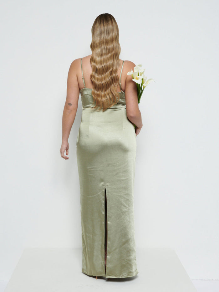 Theo Is 5'8.5" & Wears Size UK 12|June Satin Maxi Bridesmaid Dress - Olive