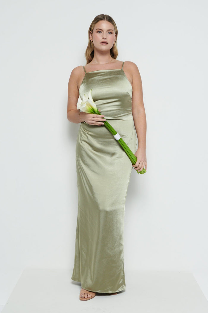 Theo Is 5'8.5" & Wears Size UK 12|June Satin Maxi Bridesmaid Dress - Olive