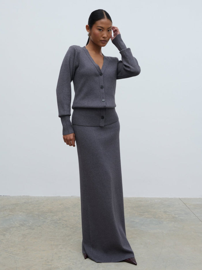 Elle Is 5'3" & Wears Size UK XS|Justine Rib Knit Maxi Skirt - Grey Marl