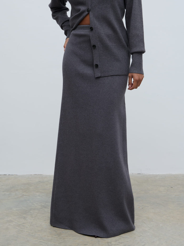Elle Is 5'3" & Wears Size UK XS|Justine Rib Knit Maxi Skirt - Grey Marl