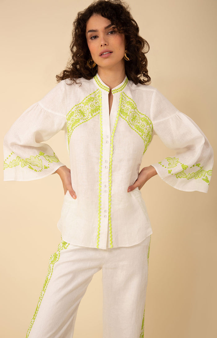 Kaia Embroidered Linen Top, color_chartreuse