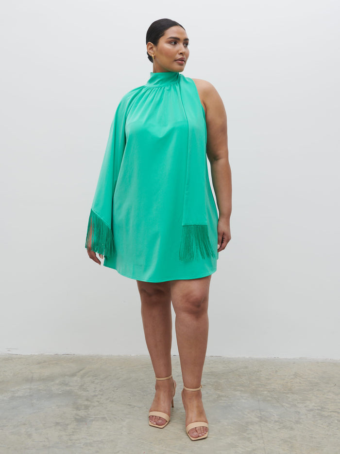 Souki Is 5'8" & Wears Size UK 18|Keeley One Shoulder Mini Dress Curve - Jade Green