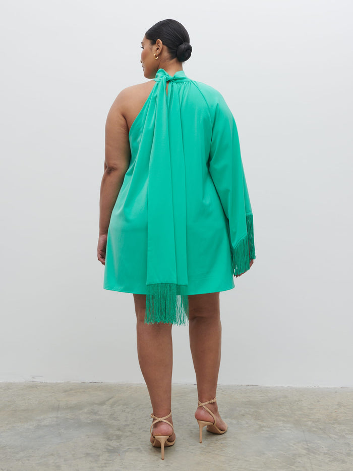 Souki Is 5'8" & Wears Size UK 18|Keeley One Shoulder Mini Dress Curve - Jade Green