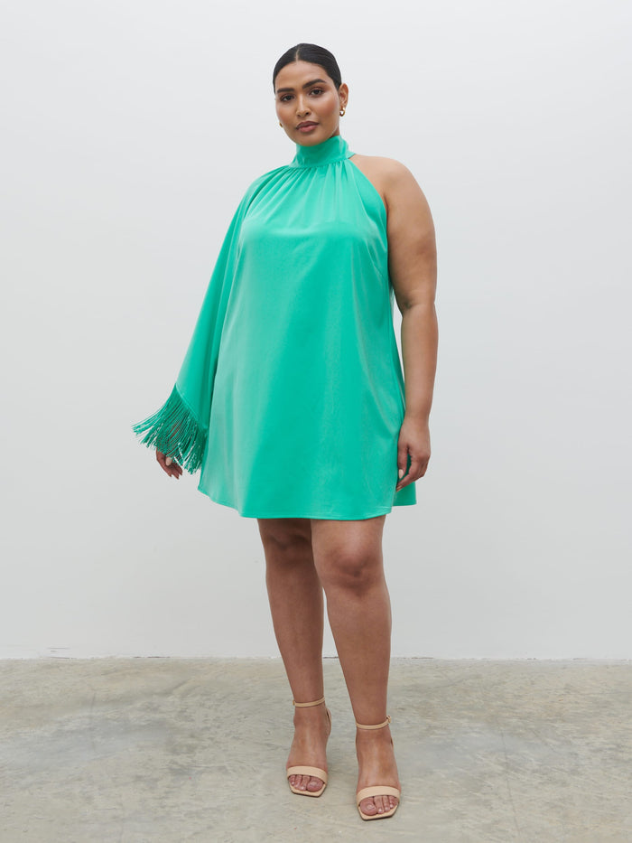 Souki Is 5'8" & Wears Size UK 18|Keeley One Shoulder Mini Dress Curve - Jade Green