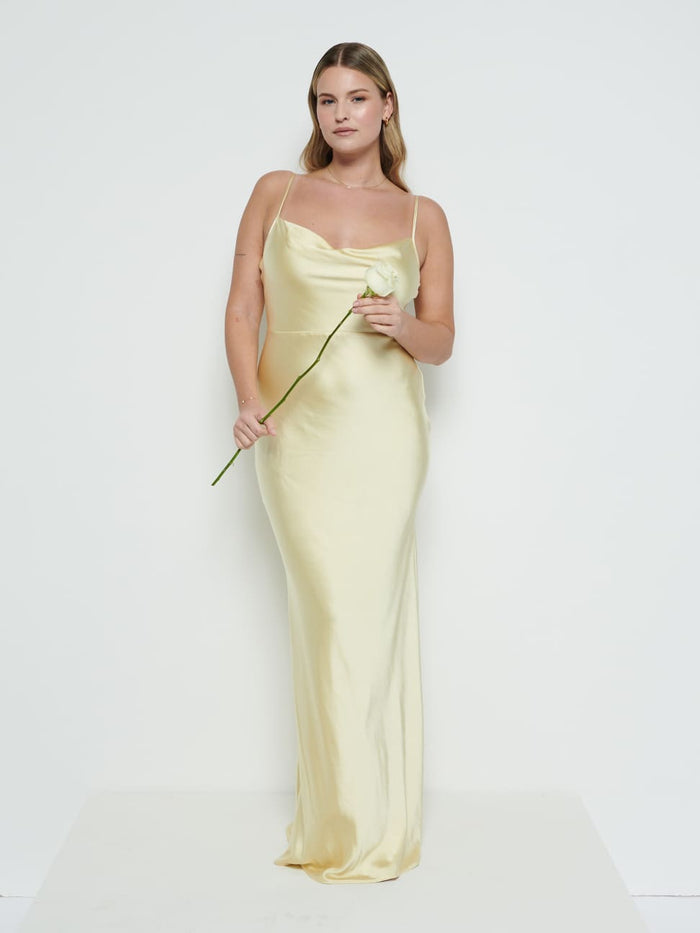 Theo Is 5'8.5" & Wears Size UK 12|Keisha Maxi Bridesmaid Dress - Lemon