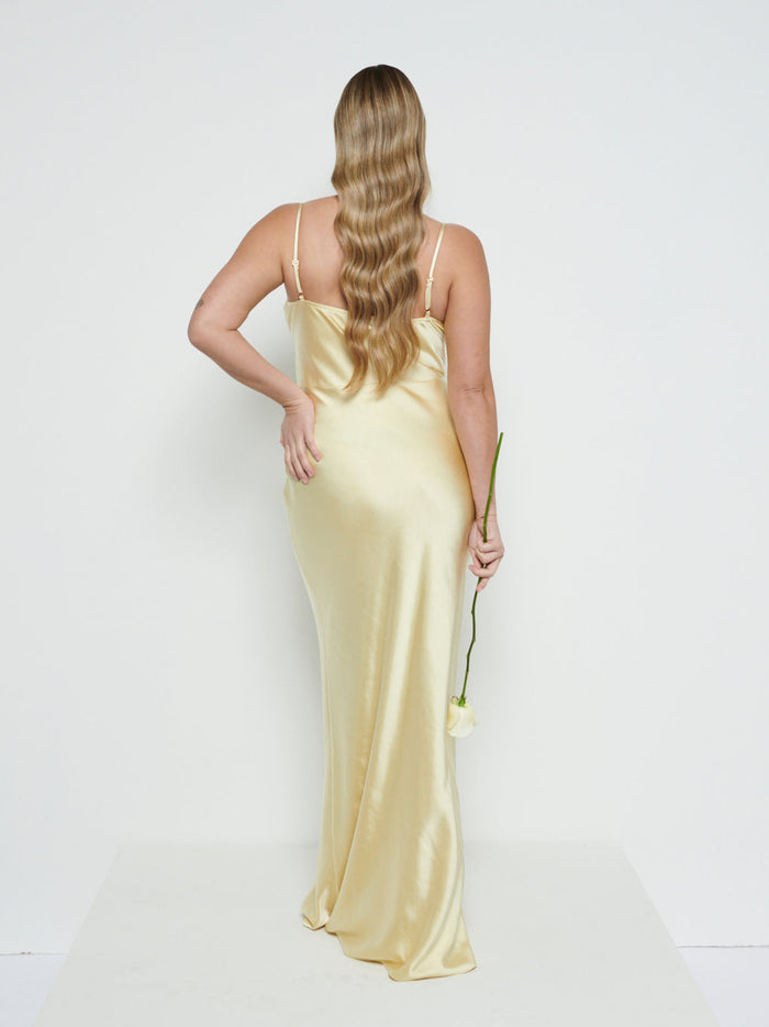 Theo Is 5'8.5" & Wears Size UK 12|Keisha Maxi Bridesmaid Dress - Lemon