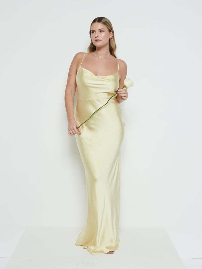 Theo Is 5'8.5" & Wears Size UK 12|Keisha Maxi Bridesmaid Dress - Lemon